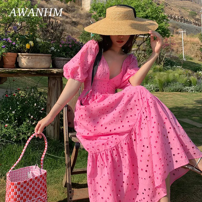 Summer New Vintage Hollow Out Embroidery Short Sleeve Dress V-Neck Bubble Sleeve Sweet Long Dress