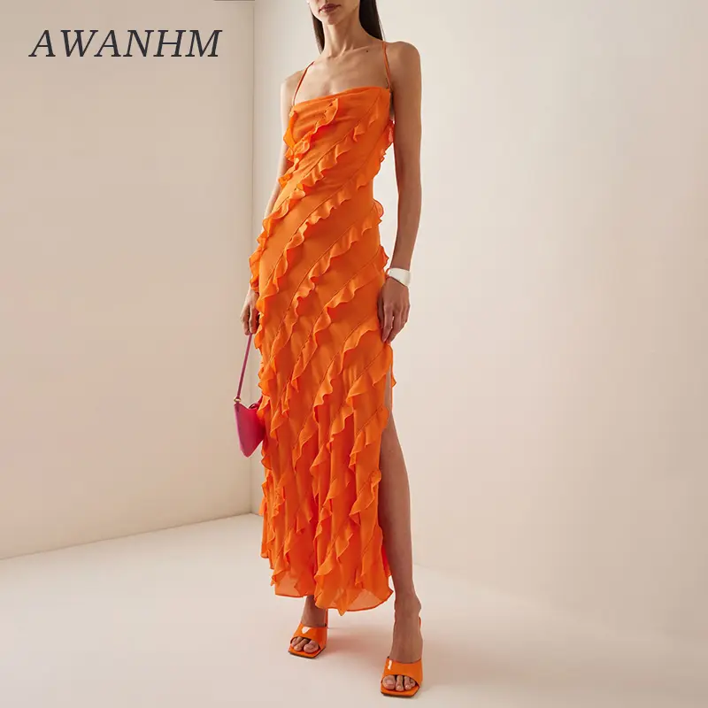 Summer New Temperament Ruffle Slip Dress Off Shoulder Dress Sexy Backless Strapping Long Skirt
