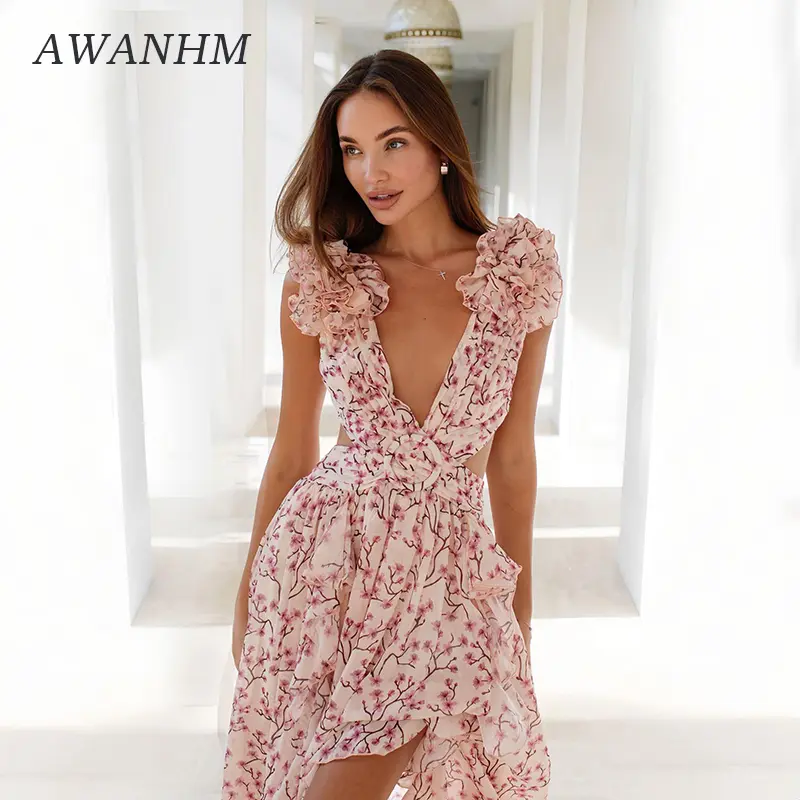 Summer Vacation Sexy Print Long Dress Deep V-Neck Backless Slim Fit Ruffled Floral Dress