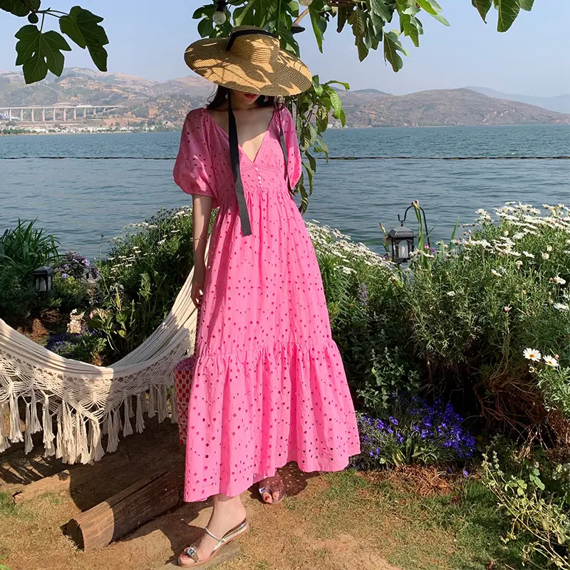 Summer New Vintage Hollow Out Embroidery Short Sleeve Dress V-Neck Bubble Sleeve Sweet Long Dress