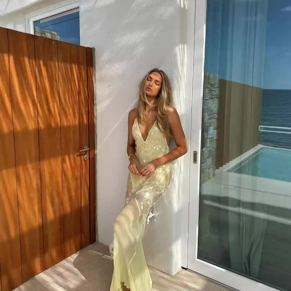 Summer Sexy Sleeveless Camisole Backless Slim Fit Pearl Fish Tail Dress Long Skirt