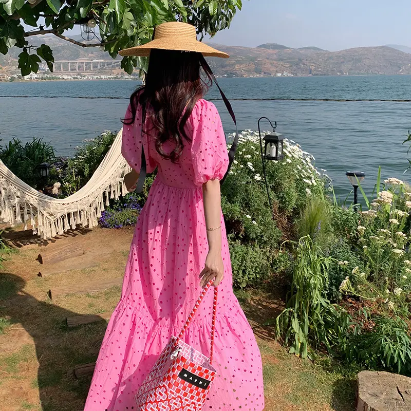 Summer New Vintage Hollow Out Embroidery Short Sleeve Dress V-Neck Bubble Sleeve Sweet Long Dress