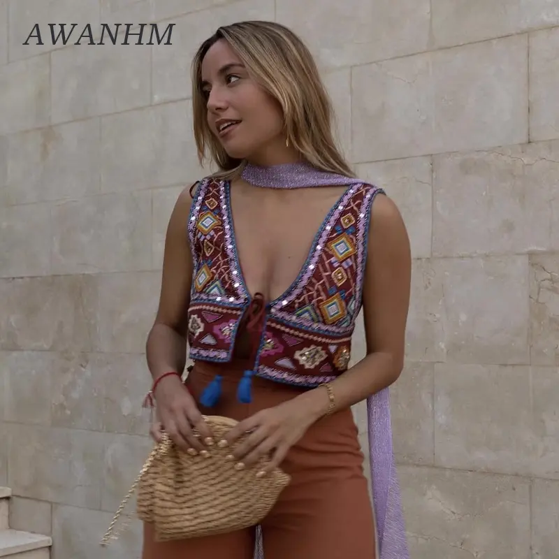 Exotic Charm Bohemian Ethnic Style Contrasting Tassel Lace Up Casual Vest Women's Embroidered Cardigan Top