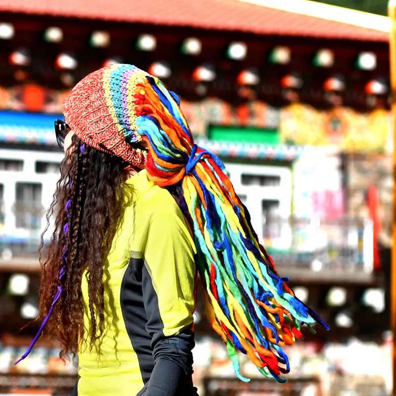 Women's Balaclava Outdoor Travel Nepal Handmade Wool Felt Reggae Ethnic Style Knitted Hat Dirty Braid Hat Earmuffs