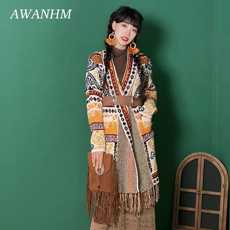 Women's Bohemian National Style Loose Medium Long Sweet Tassels Wear Jacket Knitted Long-sleeved Sweater Cardigan Autumn Winter