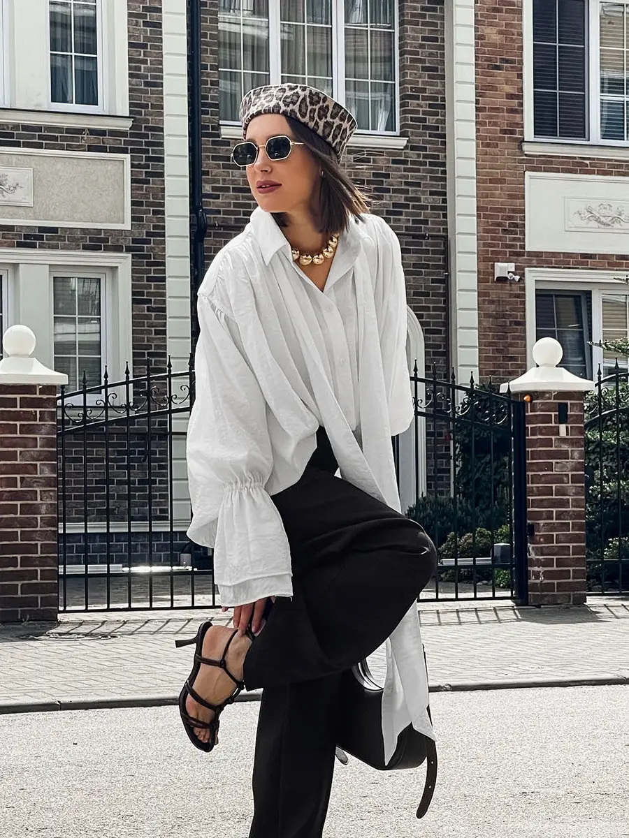 Autumn and Winter Commuting Crepe Material White Fashionable Flared Sleeve Loose Design Feeling Tied Casual Versatile Shirt
