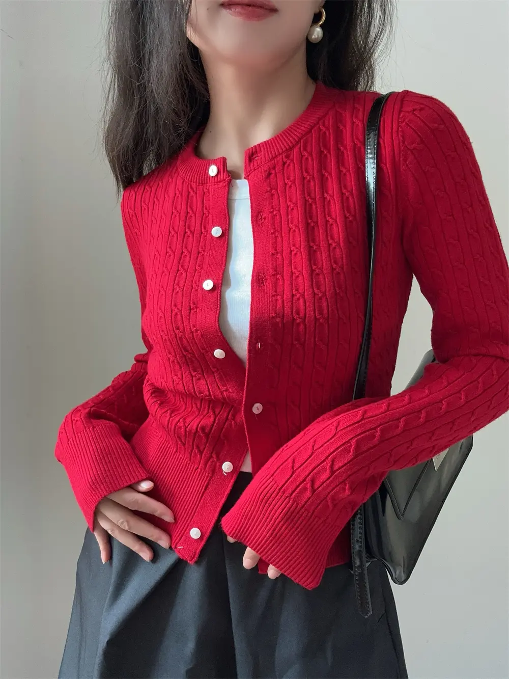 Vintage Christmas Red Long Sleeve Twisted Flower Knit Slim Twisted Thick Sweater Women's Cardigan