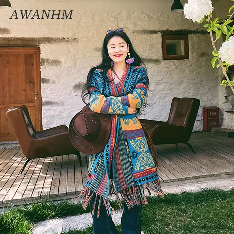 Travelling Poet Bohemian Autumn Winter Ethnic Style Knitted Sweater Coat Women's Vintage Tassel Warm Loose Mid length Cardigan