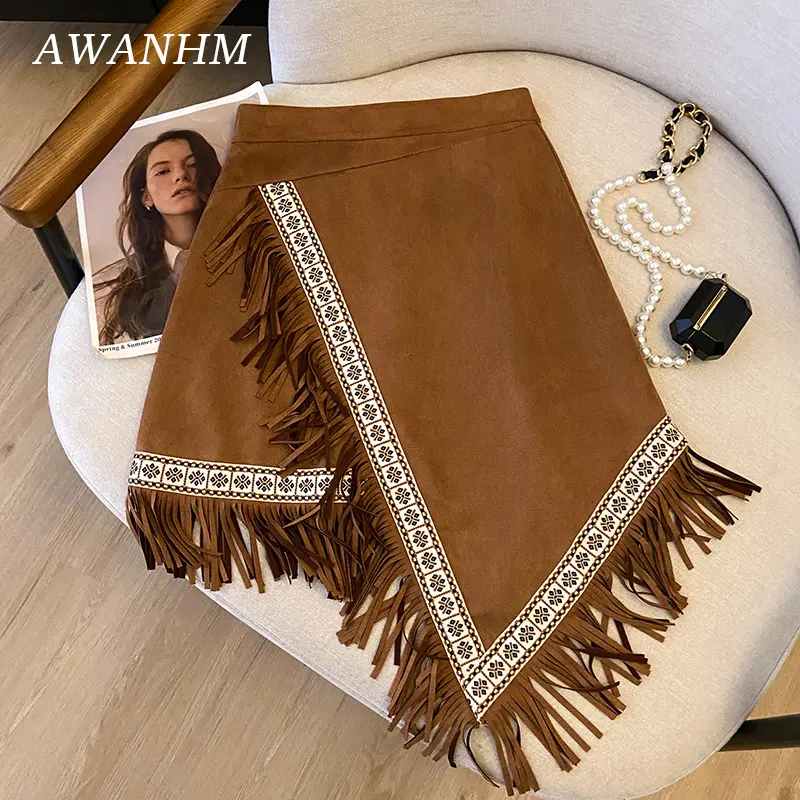 Retro Ethnic Style Irregular Embroidery Tassel Short Skirt Suede Wandering Half Skirt