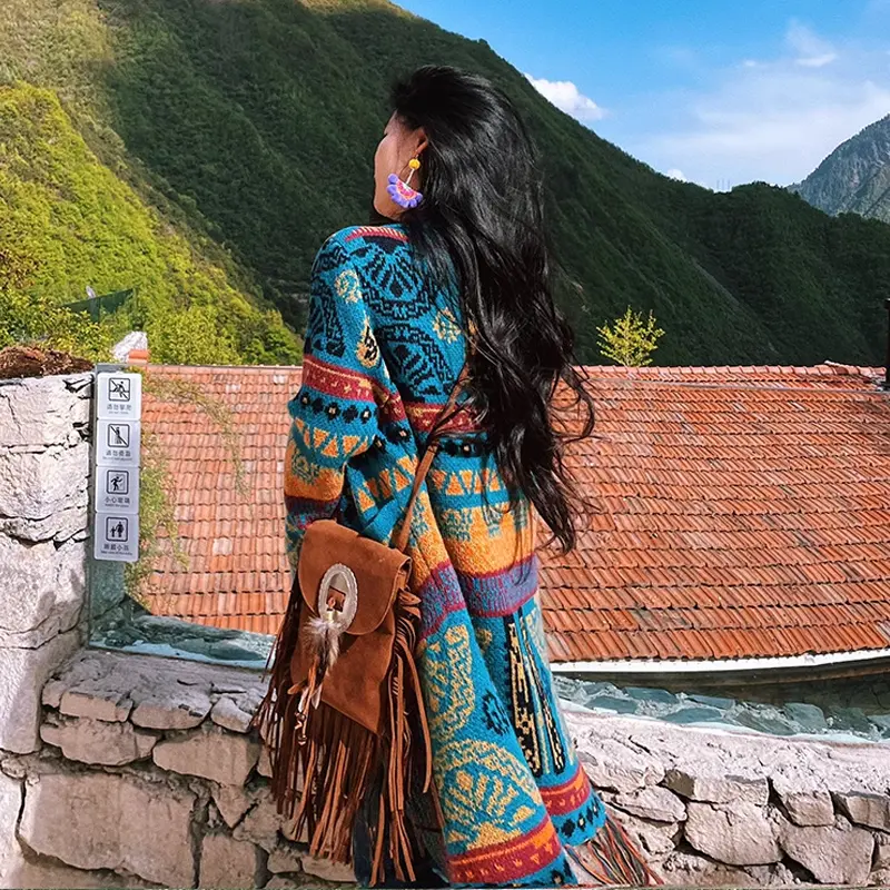 Travelling Poet Bohemian Autumn Winter Ethnic Style Knitted Sweater Coat Women's Vintage Tassel Warm Loose Mid length Cardigan