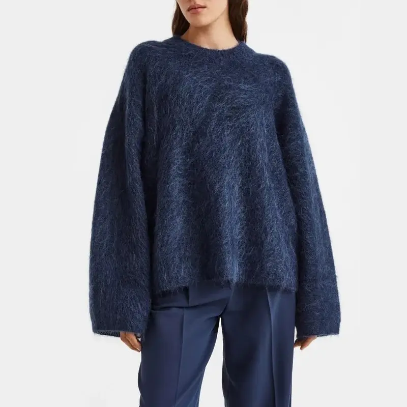 Autumn and Winter Women's Loose and Lazy Silhouette Round Neck Solid Color Long Velvet Sweater Knitted Top