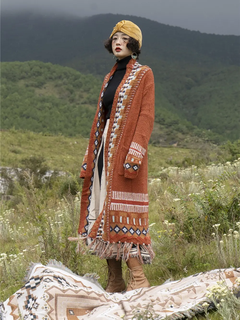 Autumn and Winter Bohemian Women Retro Fringed Cardigan National Wind Mid-length Sweater Loose Knit Jacket