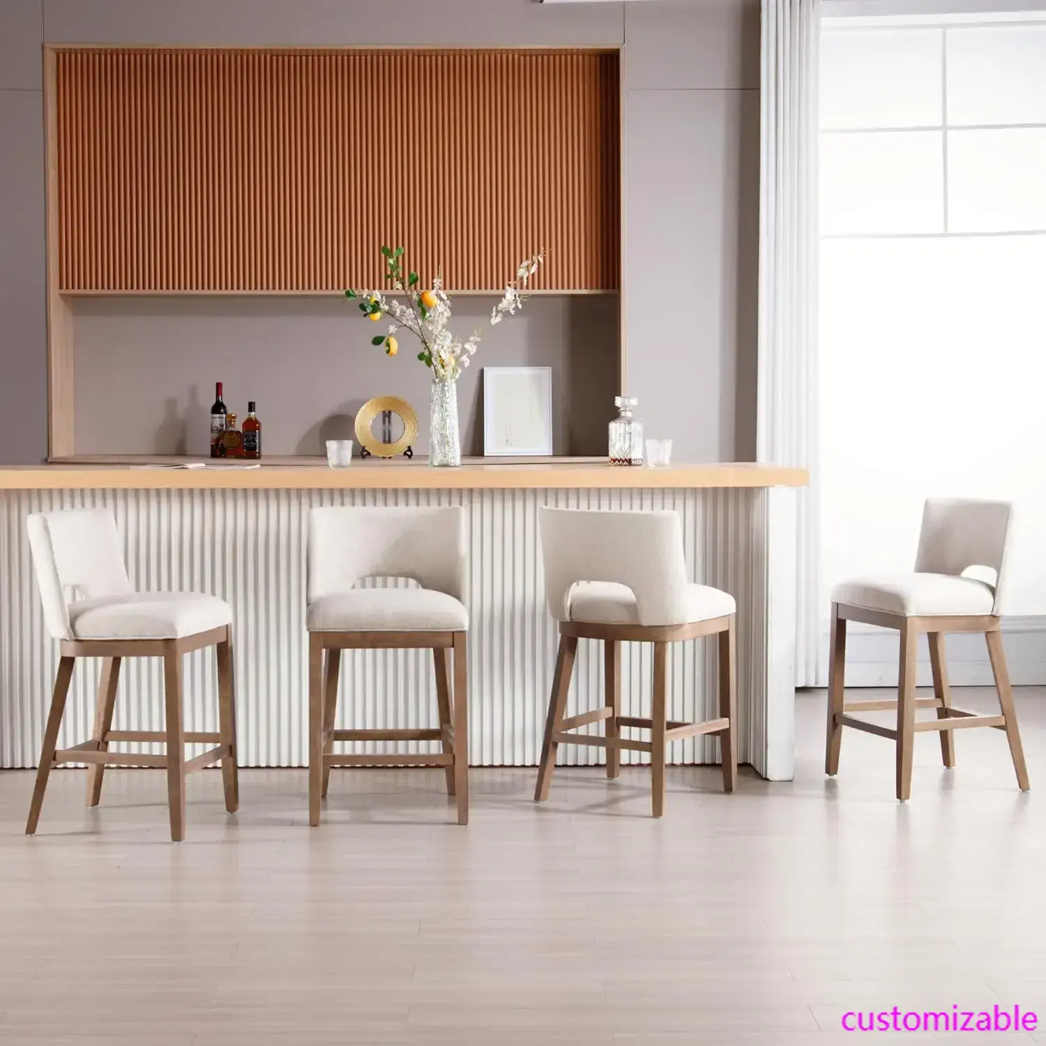Farmhouse Bar Stools Set of 4, 26" Counter Height Barstools, Linen Upholstered Barstools with Open Back , Beige