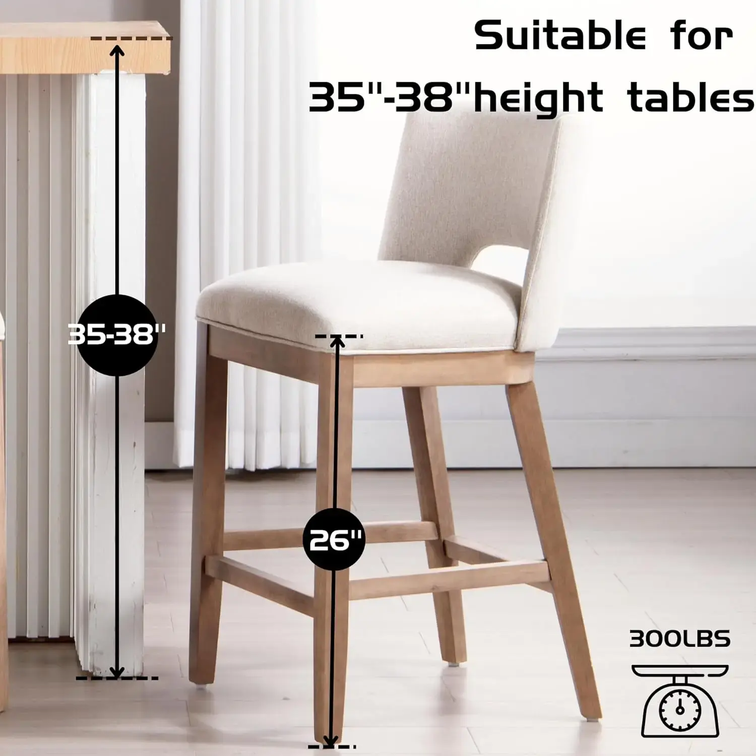 Farmhouse Bar Stools Set of 4, 26" Counter Height Barstools, Linen Upholstered Barstools with Open Back , Beige