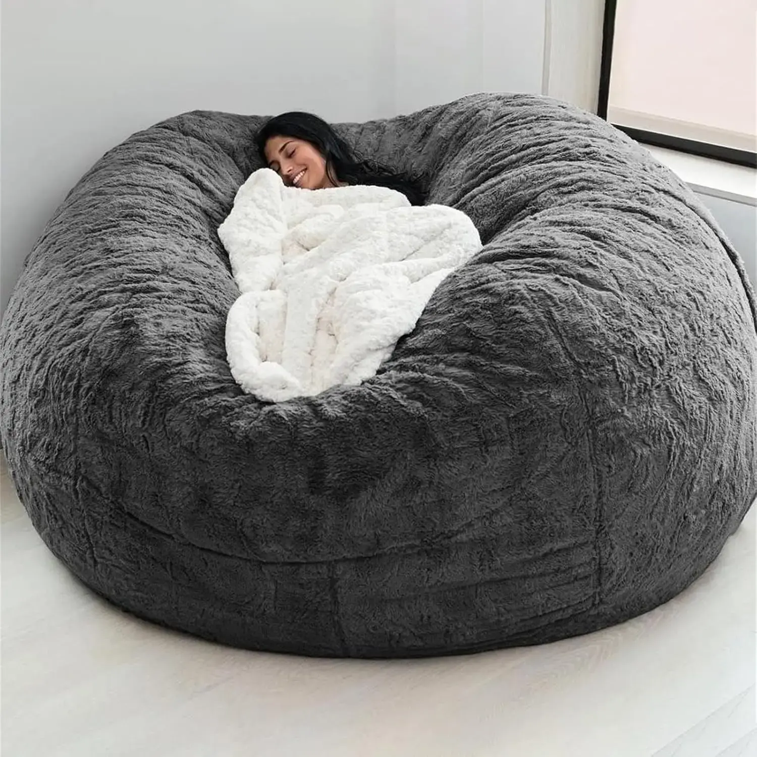 Giant Fur Bean Bag Chair Cover for Kids Adults, (No Filler) Living Room Furniture Big Round Soft Fluffy Faux Fur Beanbag Lazy