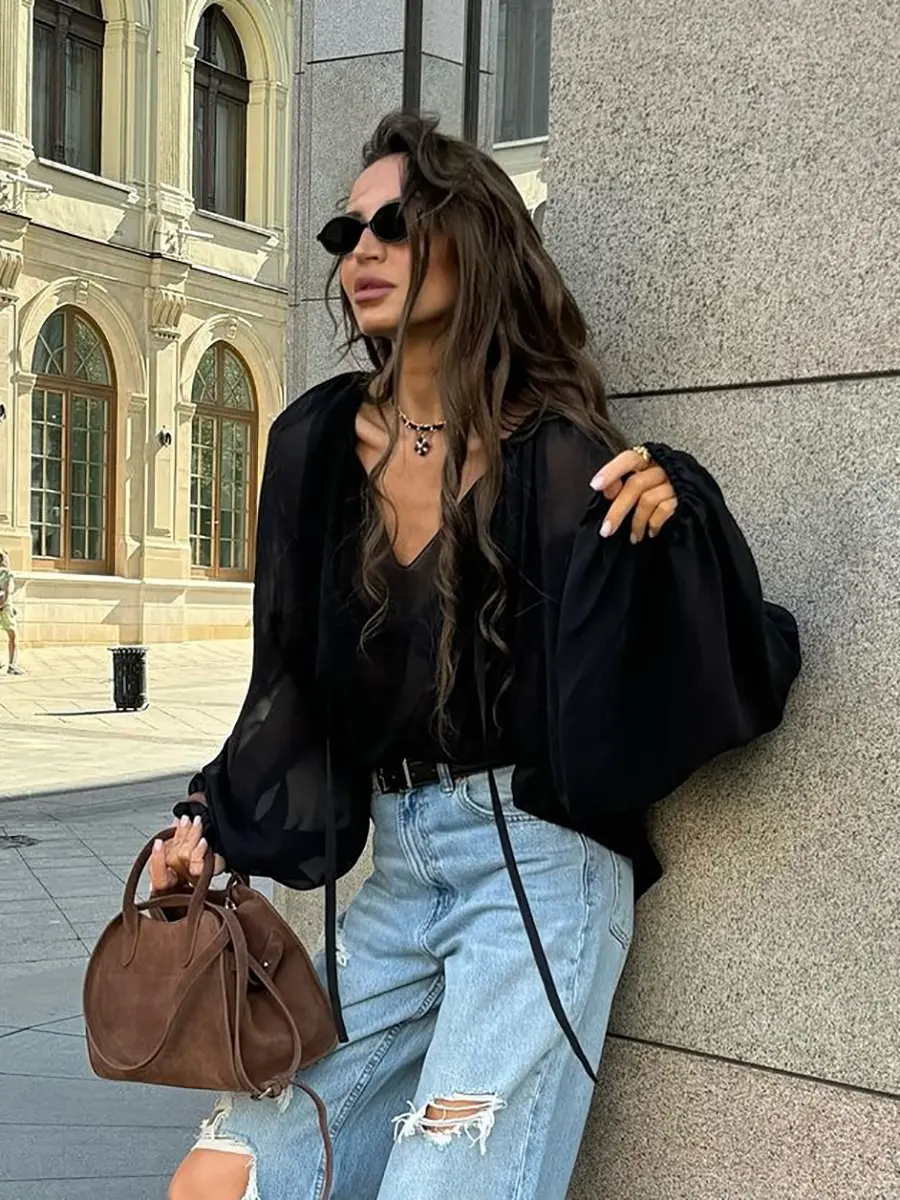 Autumn and Winter Sexy Slightly Transparent Chiffon Black Mysterious Loose V-neck Raglan Sleeve Lace up Shirt