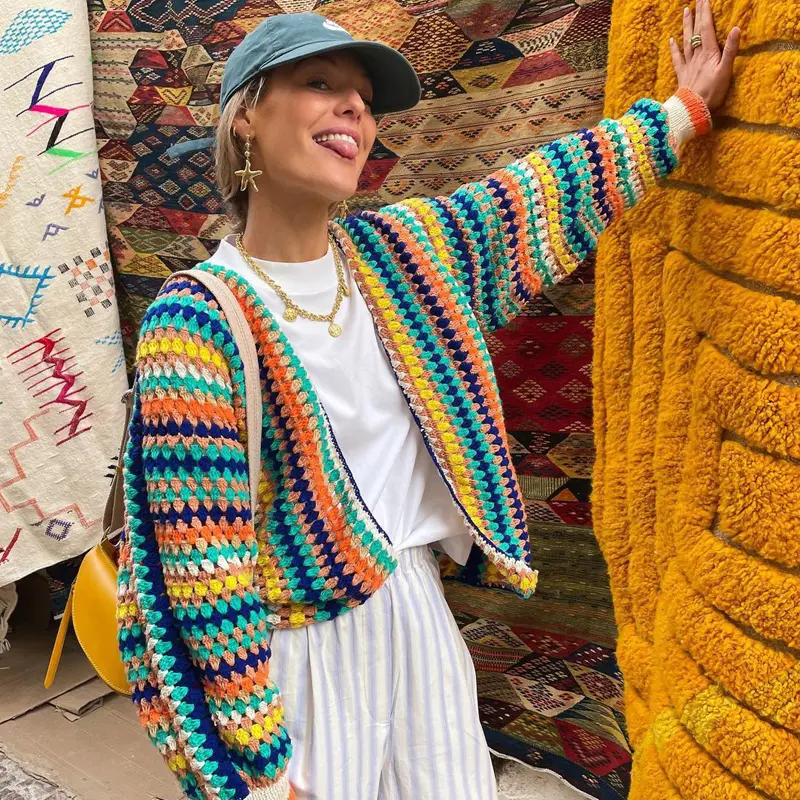 Striped Loose Rainbow Knitted Sweater Cardigan Jacket women's Knitted Sweater