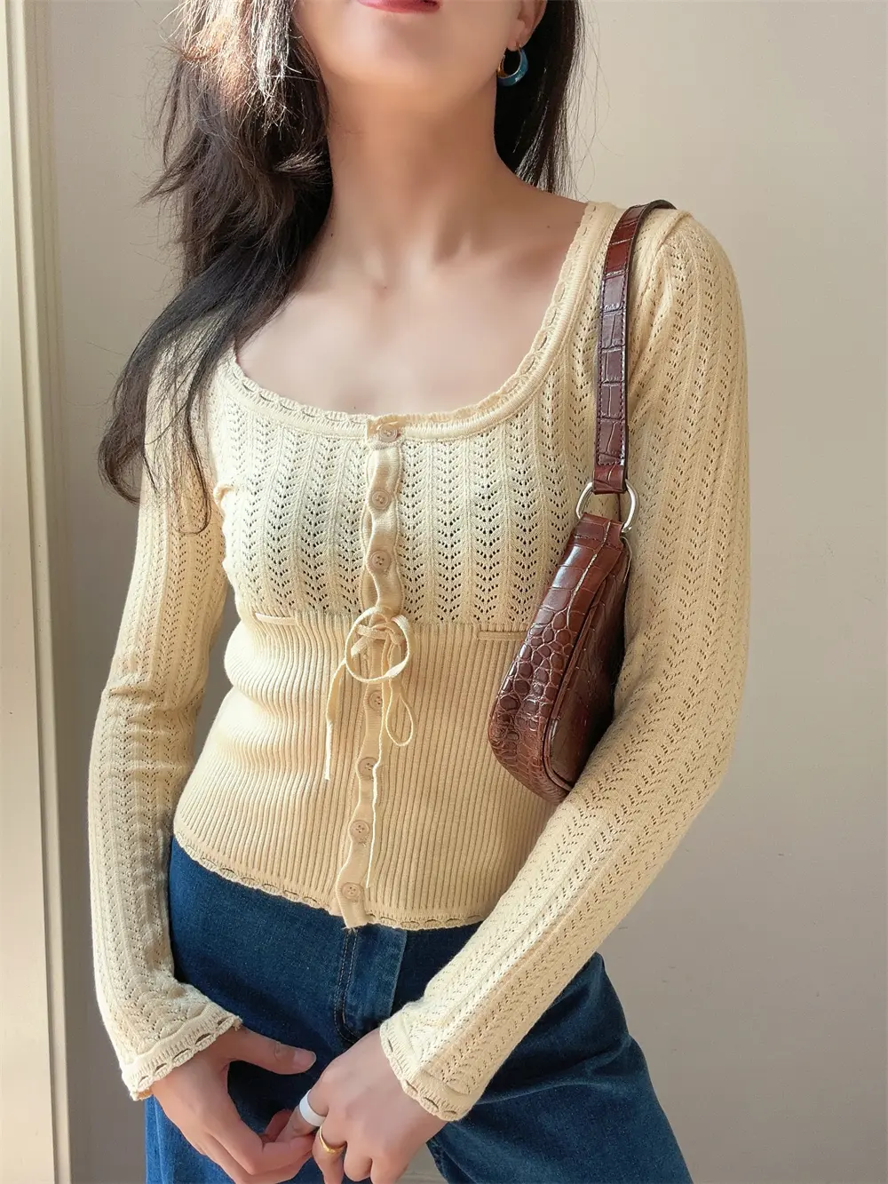 French Retro Square Neck Hook Flower Hollow Tie Waist Knit Sweater for Ladies Thin Sweater Jacket