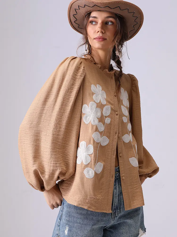 French Floral Embroidery Women's Shirt Long Sleeved High-end Shirt Fashionable Clothing