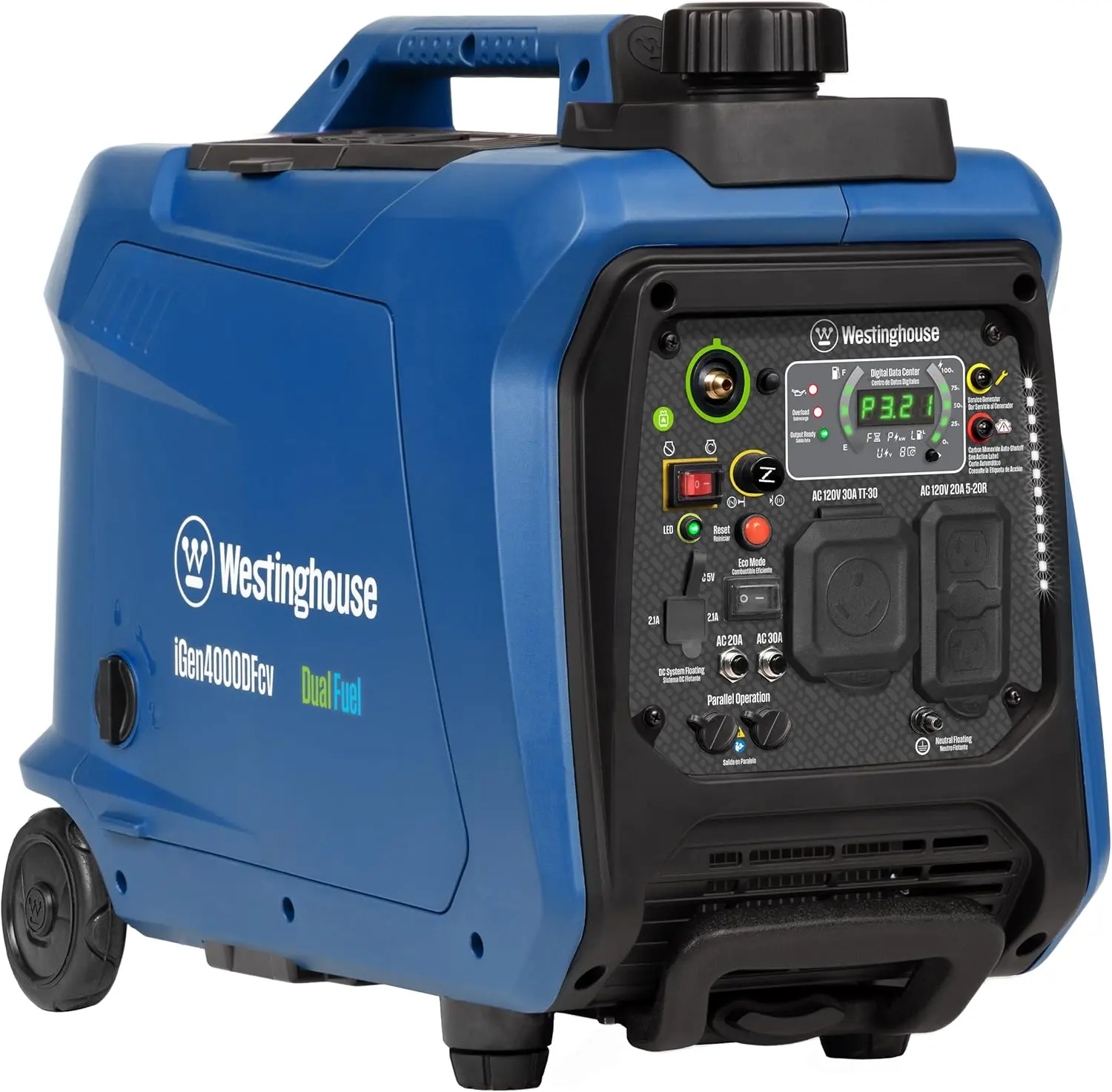 4000 Peak Watt Super Quiet Dual Fuel Portable Inverter Generator, Wheel & Handle Kit, Gas & Propane Powered, RV Ready, CO Sensor