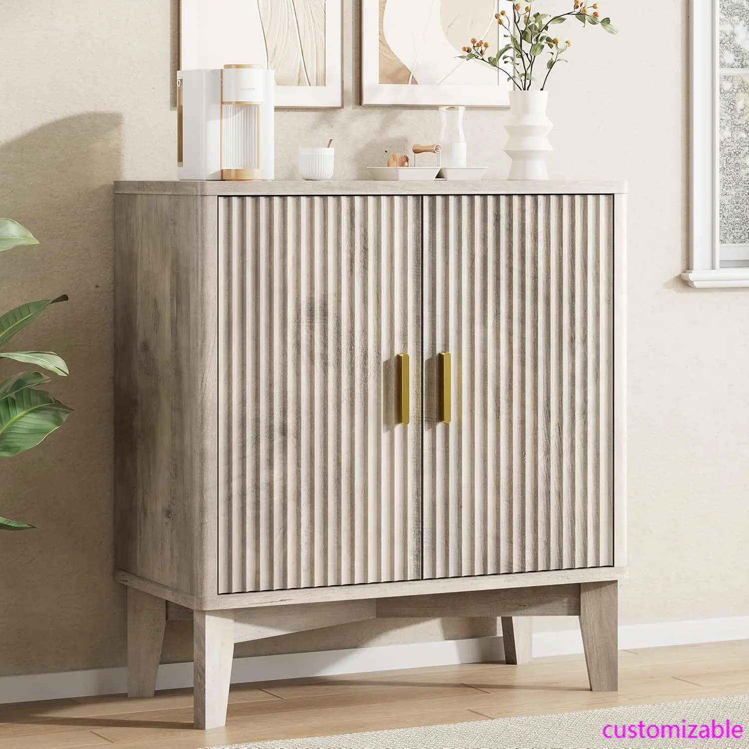 Fluted Sideboard Buffet Cabinet with Storage, 30" Mid Century Modern Coffee Wine Bar with Adjustable Shelves
