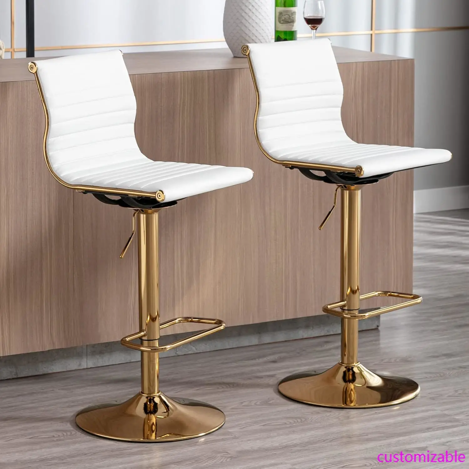 Metal Bar Stools Chairs Set of 2 Height Adjustable Barstools Modern White PU Leather Armless Counter Stool with Golden Base