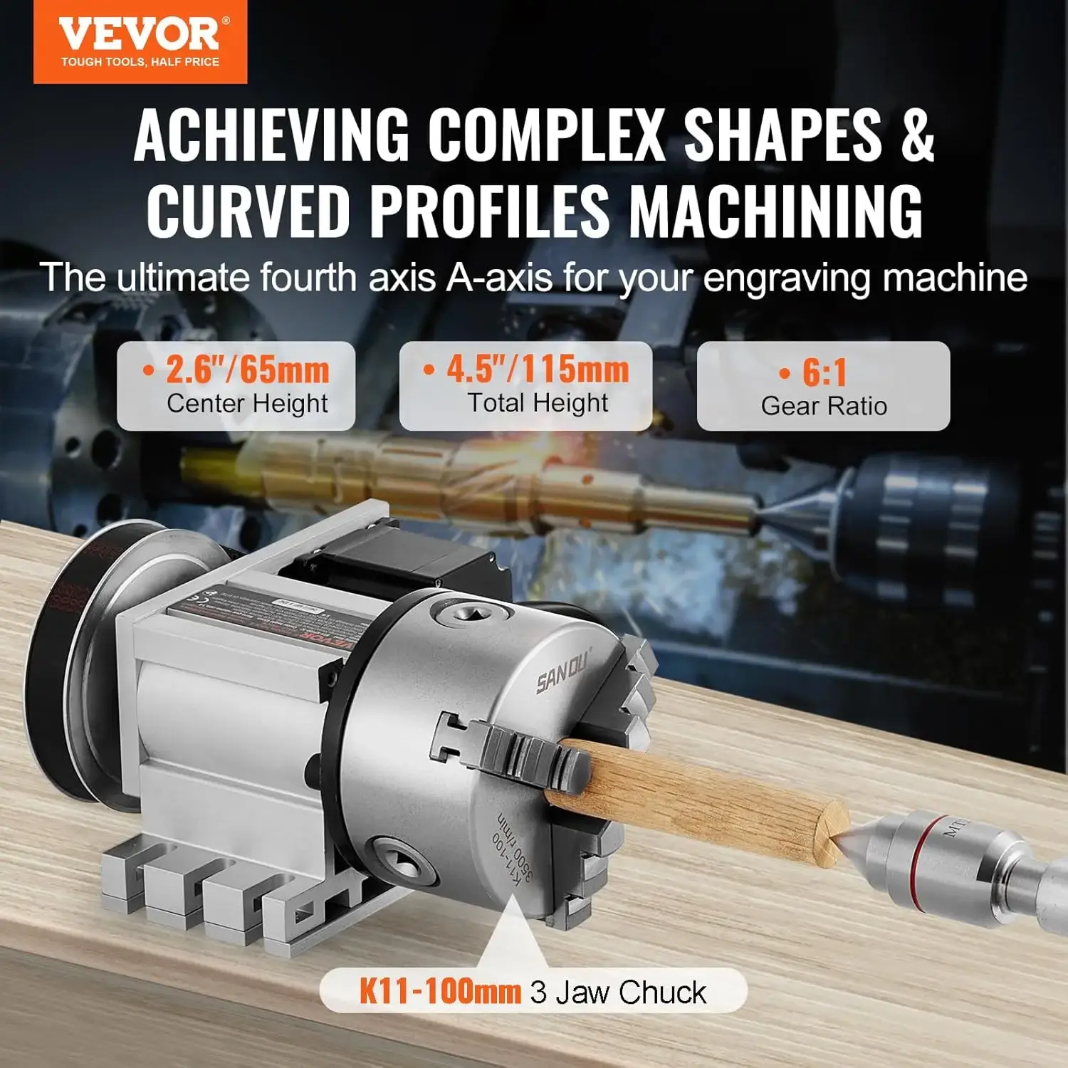 Dividing Head, K11-100mm 3-Jaw Chuck, CNC Router Milling Machine Rotational Axis 4th Axis A Axis Indexing Head