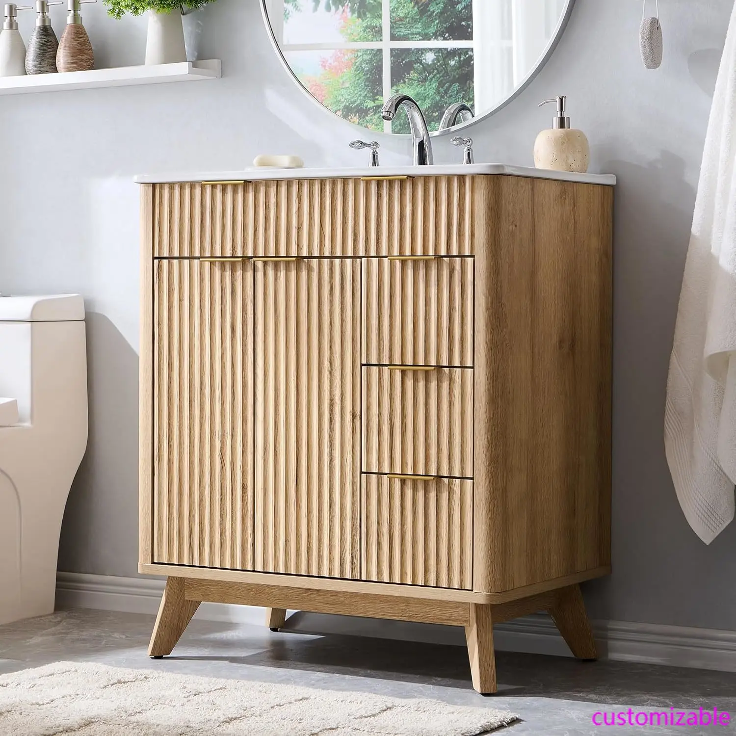 30" Fluted Bathroom Vanity with Ceramic Sink Combo，Freestanding Modern Bathroom Storage Vanity Cabinet