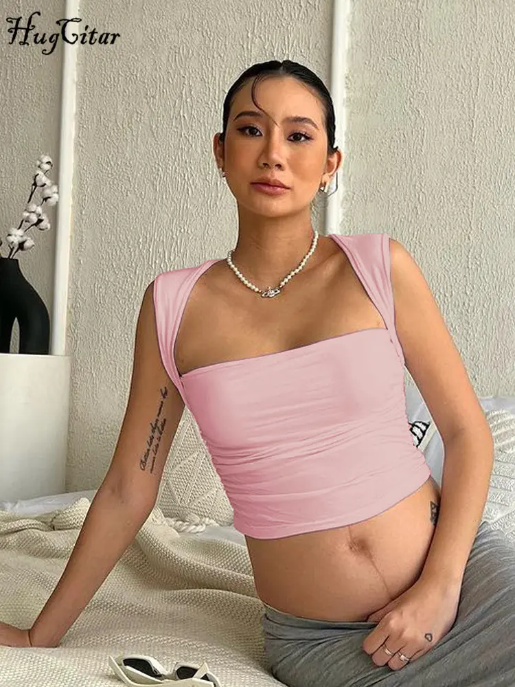 Hugcitar 2024 Solid Square Collar Straps Ruched Sexy Crop Tank Top Summer Women Elegant Cute Y2K Clothes Birthday Party Festival