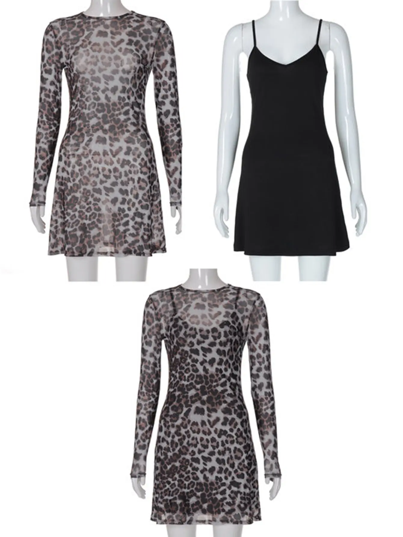 Hugcitar Fashion Leopard Print Slips V Neck Patchwork Sexy Bodycon 2 PCS Maxi Dress Fall Women Casual Y2K Outfits Vacation Club