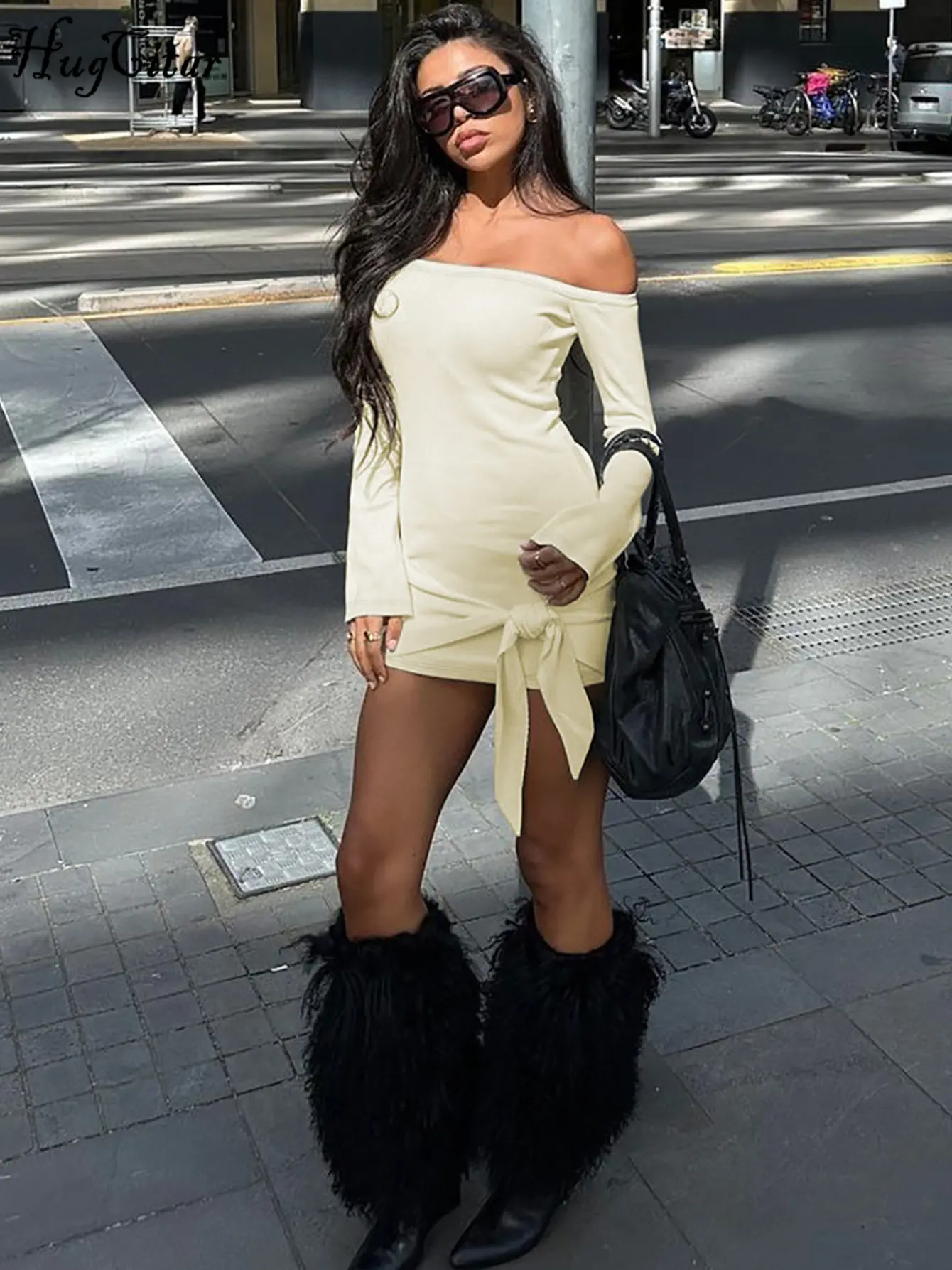 Hugcitar Solid Slash Neck Long Sleeve Backless Bandage Sexy Bodycon Mini Prom Dress Winter Women Elegant Outfits Party Christmas