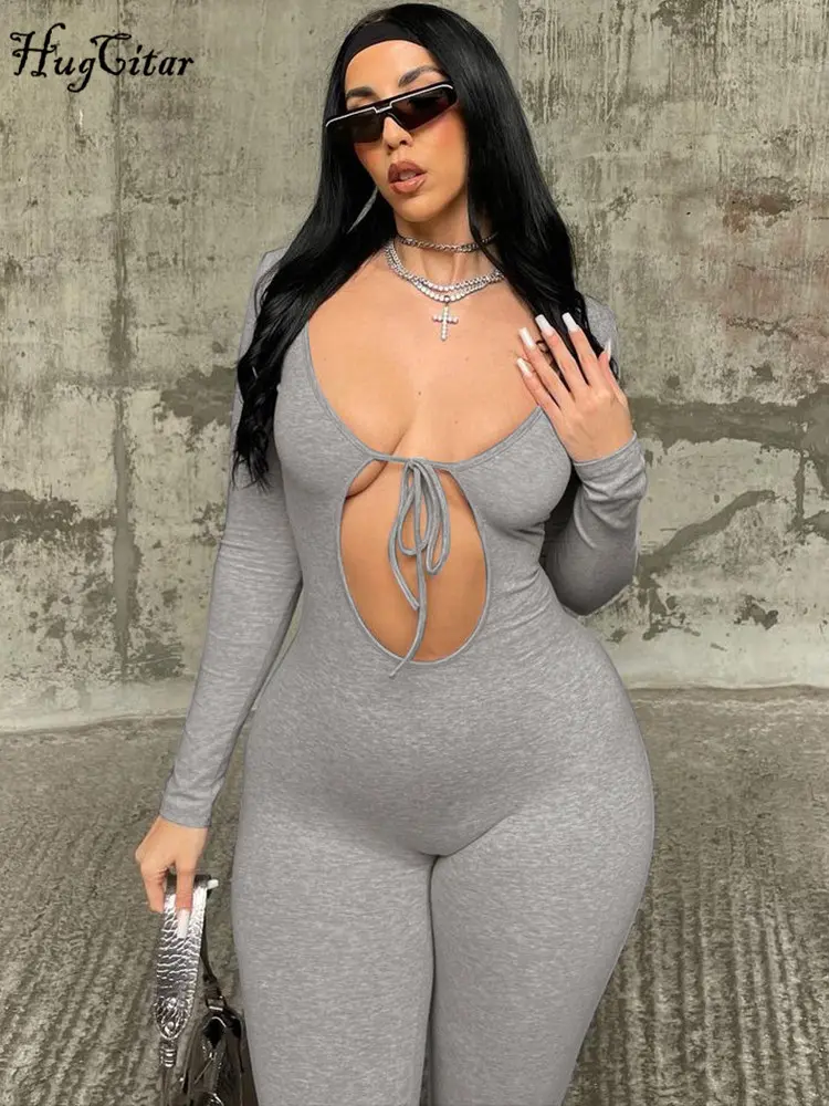 Hugcitar Fall Solid V Neck Long Sleeve Hollow Out Lace Up Sexy Bodycon Jumpsuit Women Fashion Streetwear Sport Romper Overalls