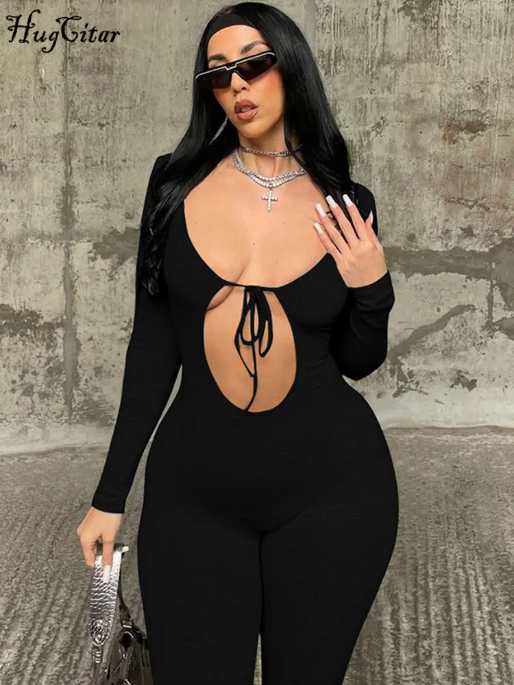Hugcitar Fall Solid V Neck Long Sleeve Hollow Out Lace Up Sexy Bodycon Jumpsuit Women Fashion Streetwear Sport Romper Overalls