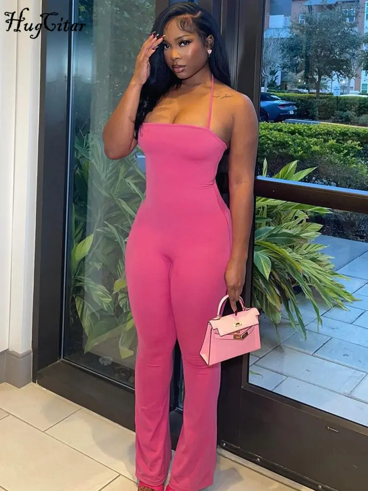 Hugcitar 2025 Spring Halter Solid Sleeveless Backless Sexy Bodycon Flare Pants Jumpsuit Women Casual Rompers Streetwear Festival