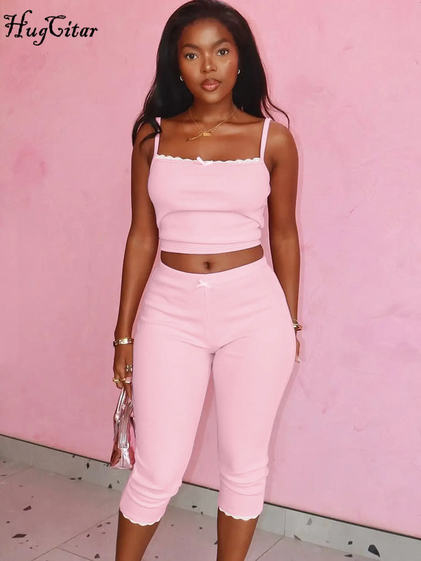 Hugcitar Casual 2 Pcs Sets Solid Patchwork Lace Bow Sexy Crop Camis Top Knee Length Pants Summer Women Outfits Streetwear Sport
