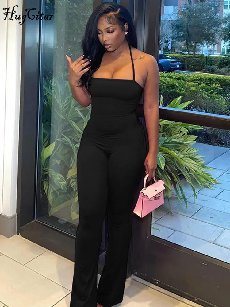 Hugcitar 2025 Spring Halter Solid Sleeveless Backless Sexy Bodycon Flare Pants Jumpsuit Women Casual Rompers Streetwear Festival