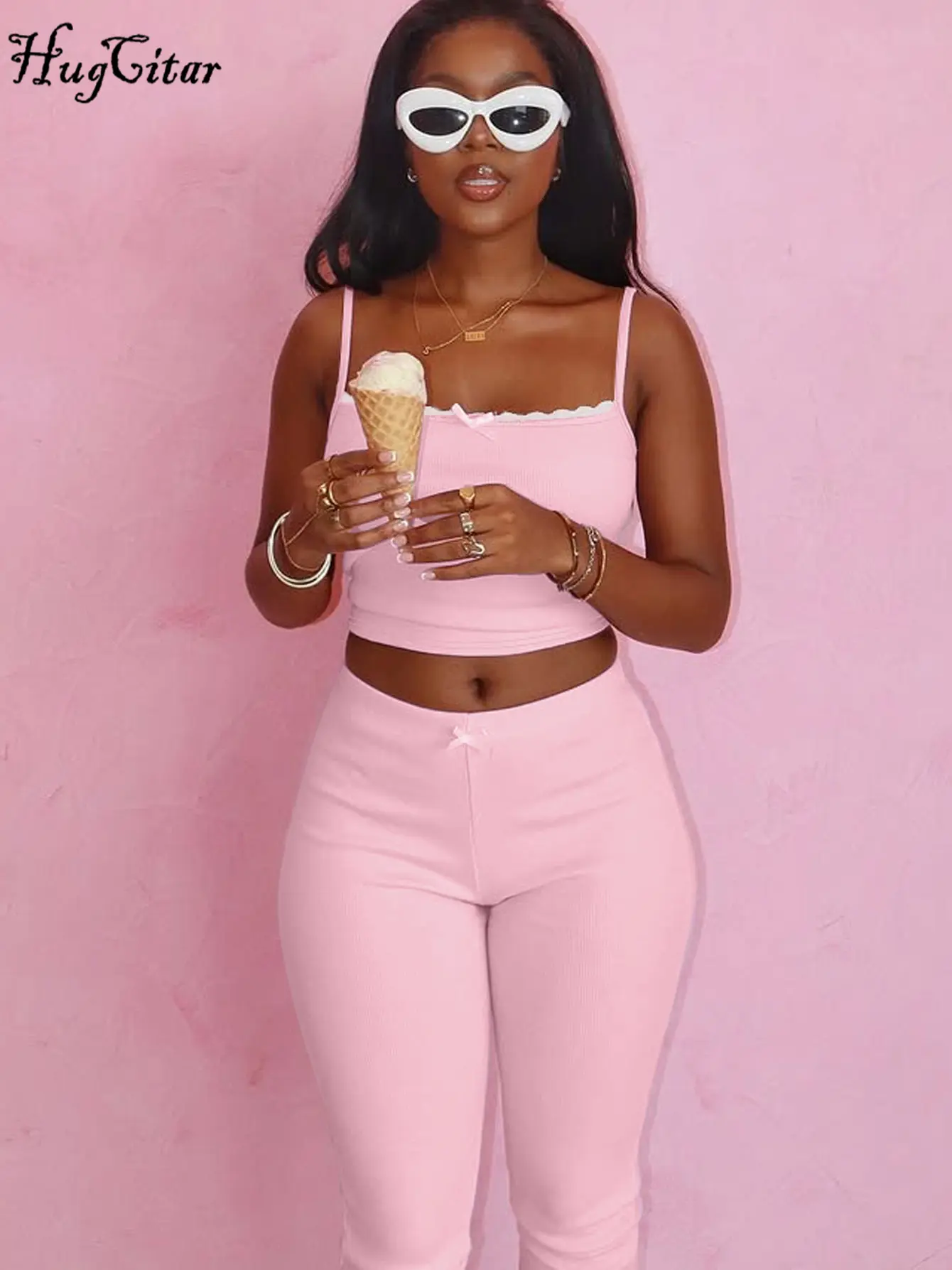 Hugcitar Casual 2 Pcs Sets Solid Patchwork Lace Bow Sexy Crop Camis Top Knee Length Pants Summer Women Outfits Streetwear Sport