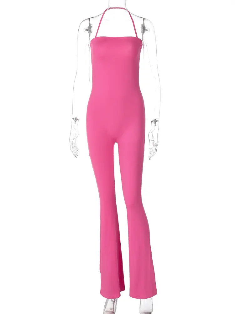 Hugcitar 2025 Spring Halter Solid Sleeveless Backless Sexy Bodycon Flare Pants Jumpsuit Women Casual Rompers Streetwear Festival