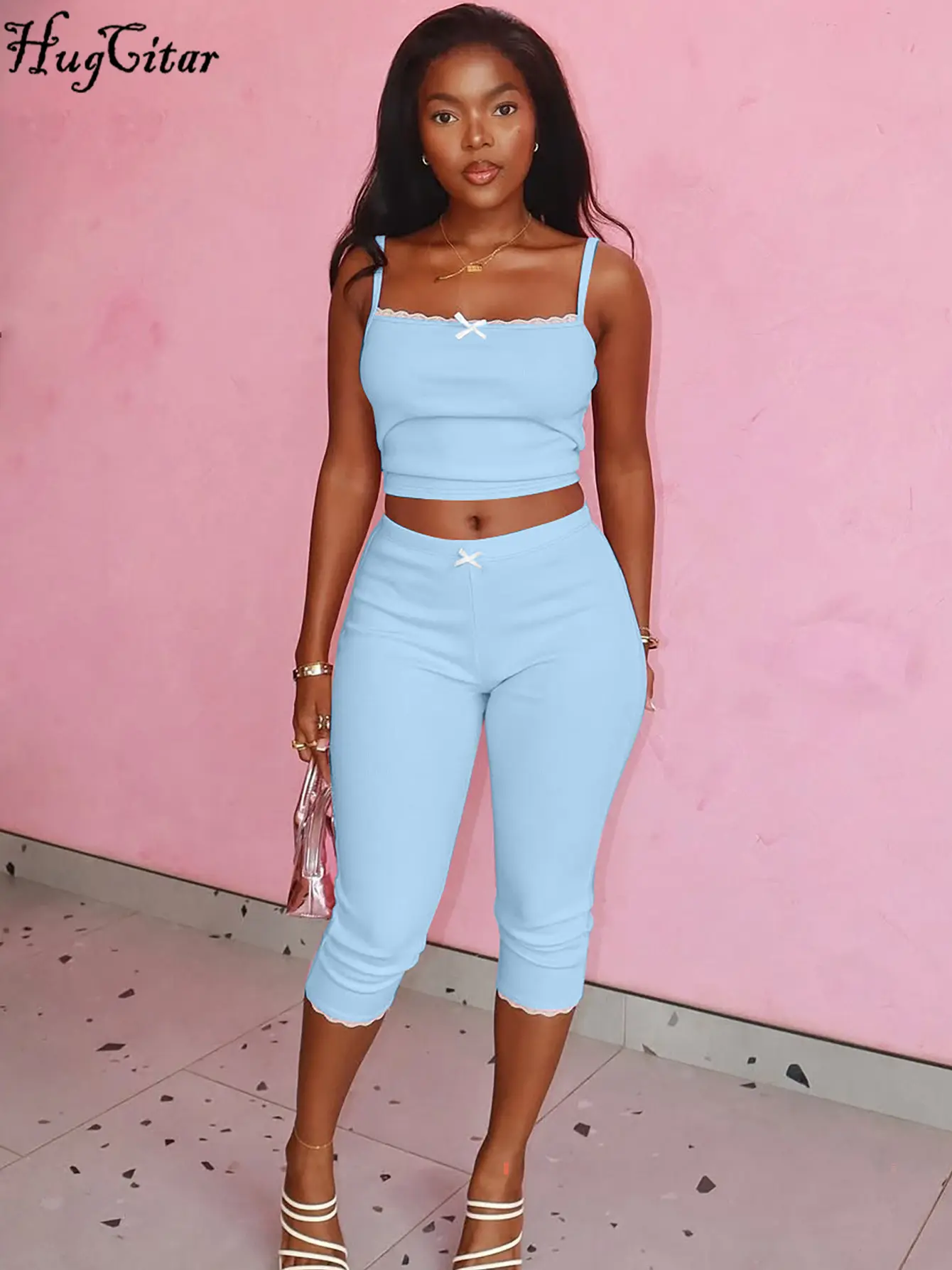 Hugcitar Casual 2 Pcs Sets Solid Patchwork Lace Bow Sexy Crop Camis Top Knee Length Pants Summer Women Outfits Streetwear Sport
