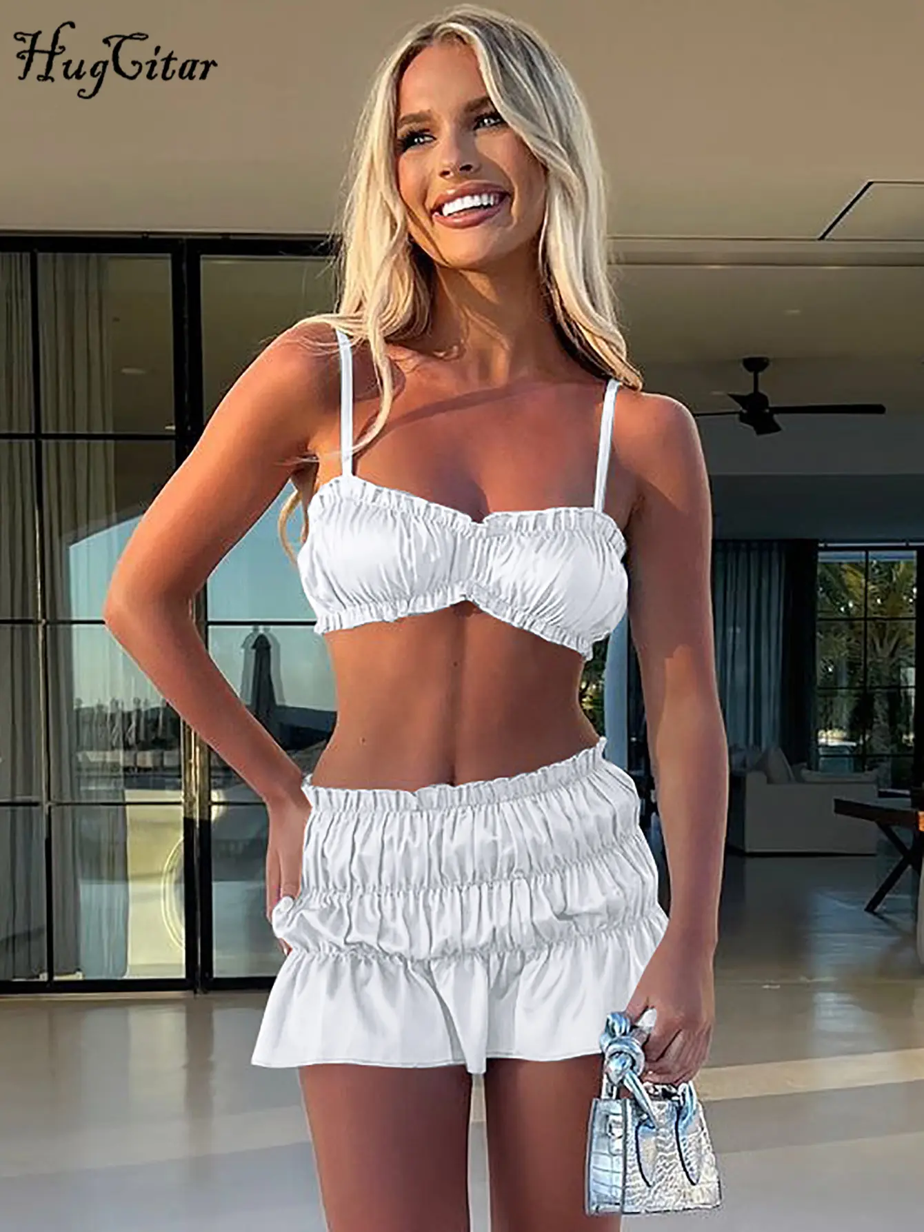 Hugcitar Summer Elegant 2 Pieces Matching Sets Solid Slips Ruched Sexy Crop Camis Skirt Women Clothes Birthday Beach Vacation