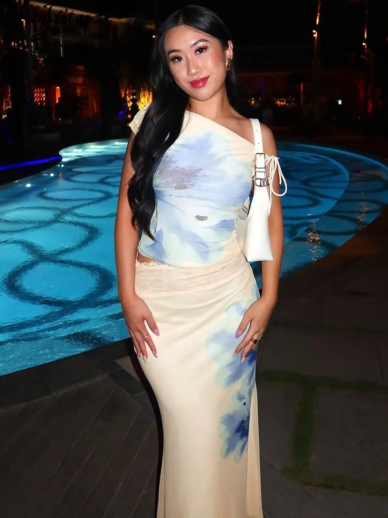 Hugcitar Elegant 2 Piece Sets Floral Print Skew Collar Sexy Crop Tank Top Maxi Skirt Summer Women Clothes Beach Vacation Club