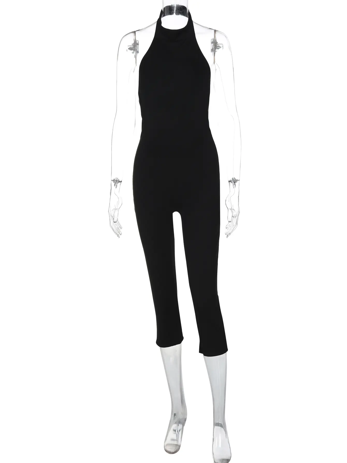 Hugcitar Ribbed Halter Backless Solid Button Sexy Bodycon Skinny Jumpsuit Summer Women Fashion Vacation Romper Streetwear Club
