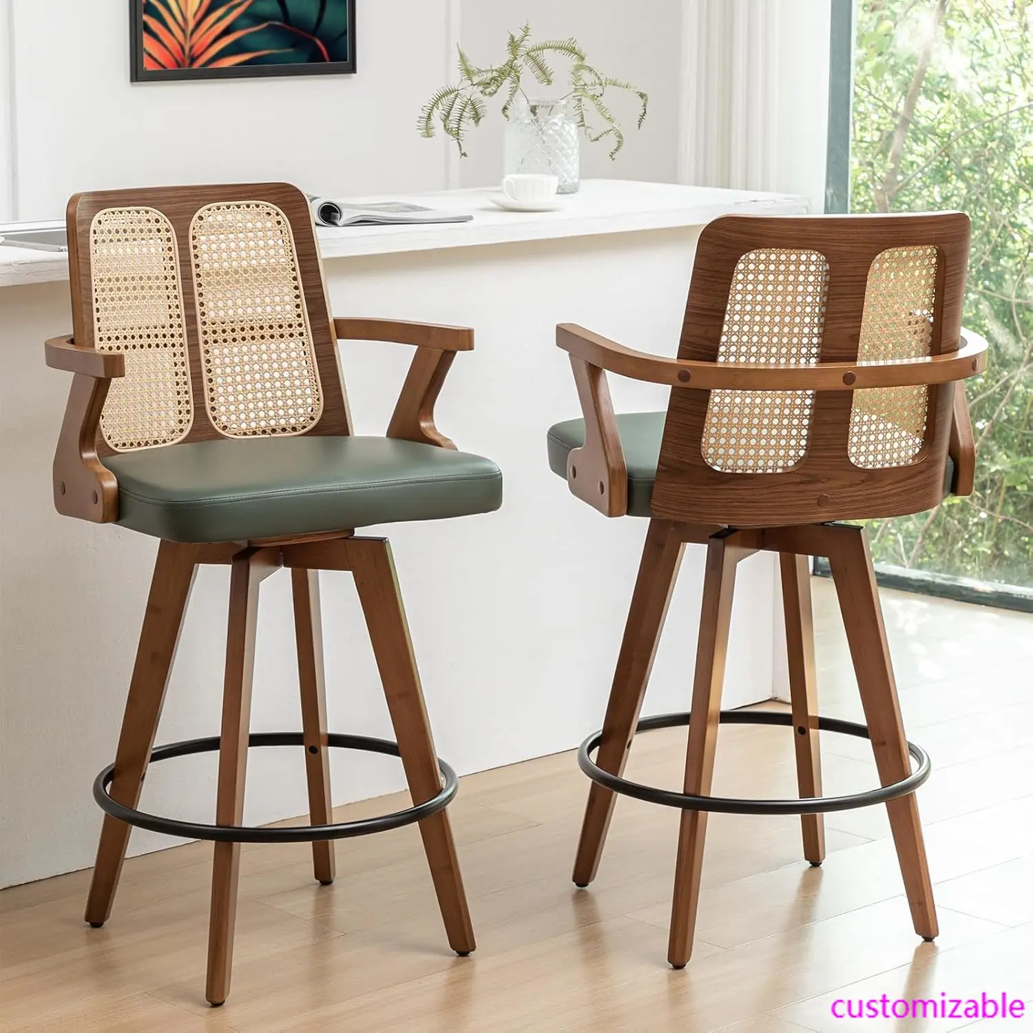 Set of 2 Bar Stools - 27 inch Swivel Rattan bar stools with Cane Back, Curved Arms,Adjustable Bamboo Legs,Walnut Green