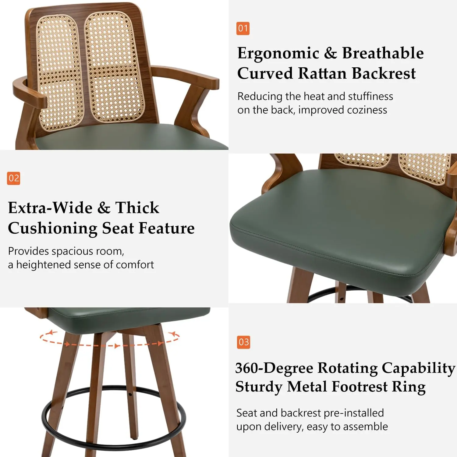 Set of 2 Bar Stools - 27 inch Swivel Rattan bar stools with Cane Back, Curved Arms,Adjustable Bamboo Legs,Walnut Green