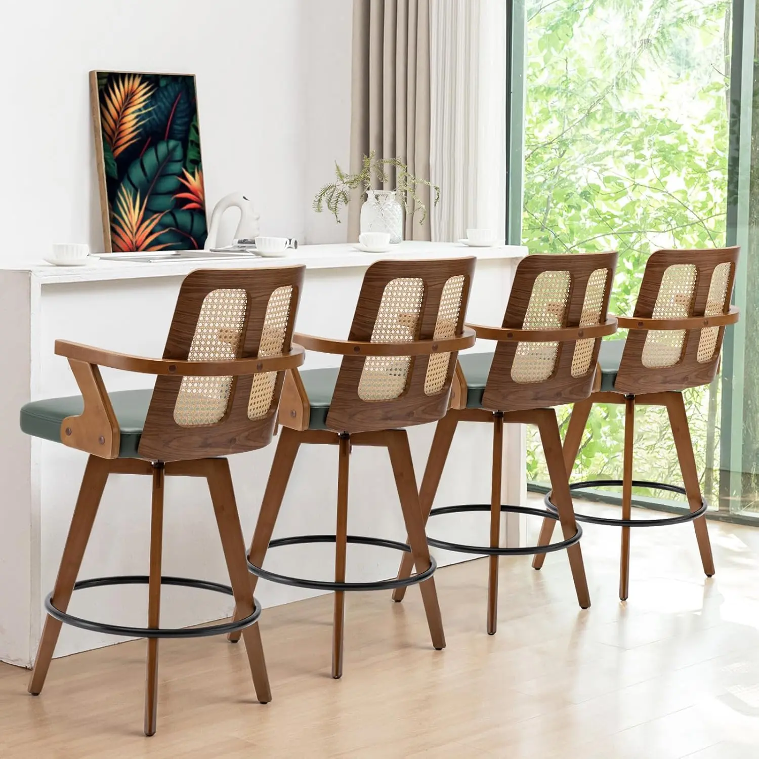 Set of 2 Bar Stools - 27 inch Swivel Rattan bar stools with Cane Back, Curved Arms,Adjustable Bamboo Legs,Walnut Green