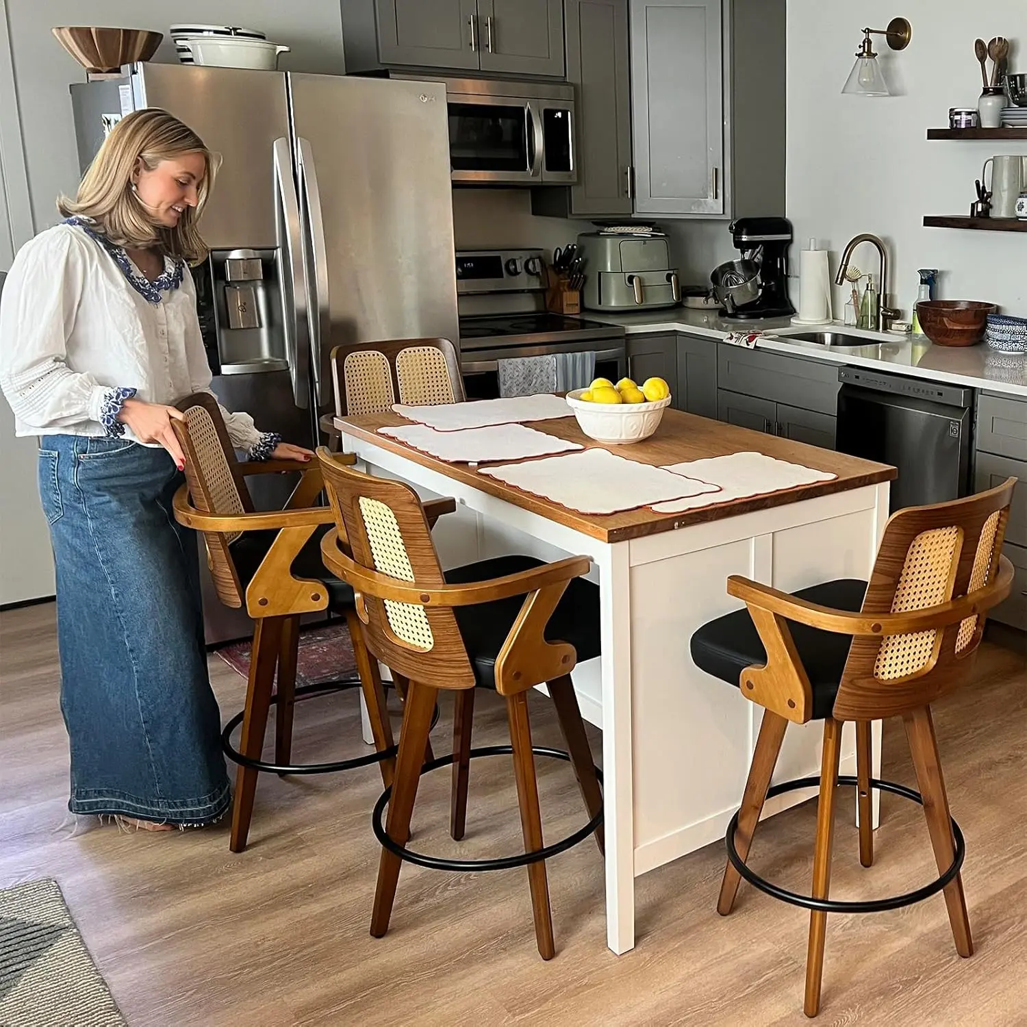 Set of 2 Bar Stools - 27 inch Swivel Rattan bar stools with Cane Back, Curved Arms,Adjustable Bamboo Legs,Walnut Green