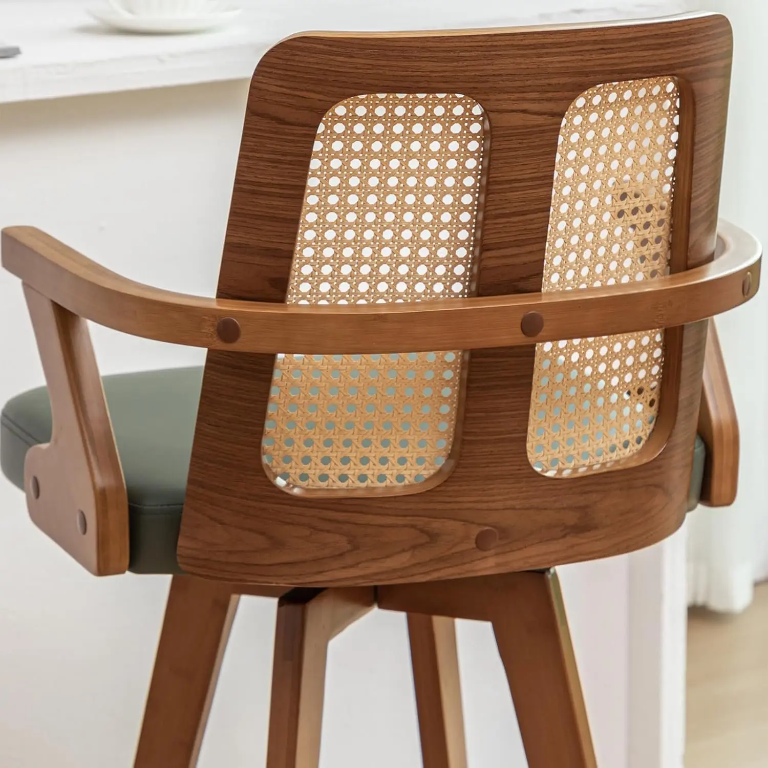Set of 2 Bar Stools - 27 inch Swivel Rattan bar stools with Cane Back, Curved Arms,Adjustable Bamboo Legs,Walnut Green