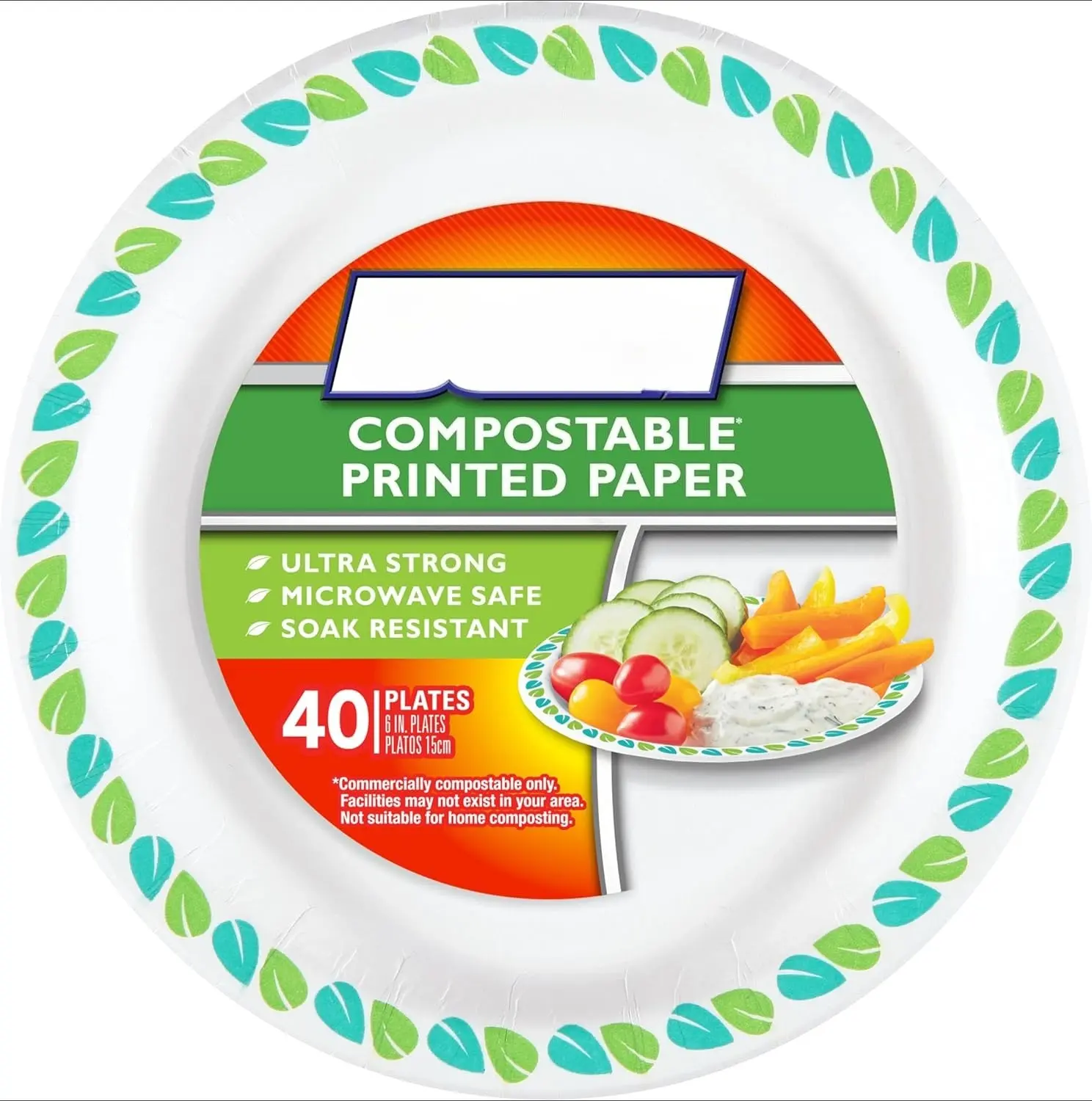 Compostable Printed Small Paper Plates for Desserts and Appetizers, Soak Resistant and Microwave Safe, 6 Inch, 40 Count