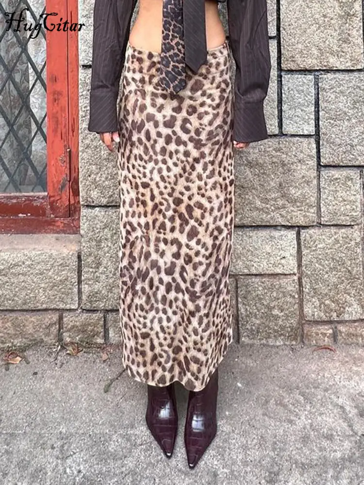 Hugcitar 2024 Fashion Mesh High Waist Leopard Print Sexy Loose Maxi Skirt Summer Women Casual Y2K Clothes Beach Vacation Party