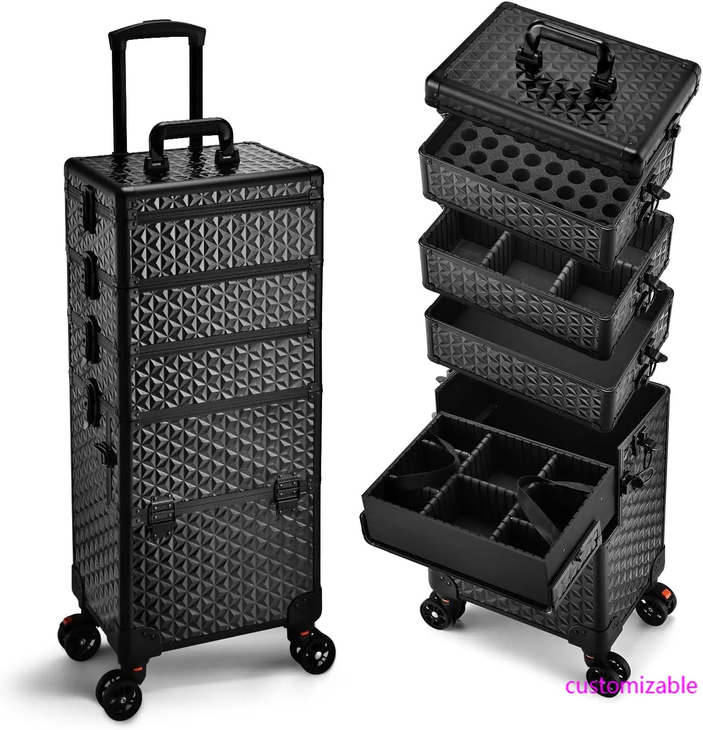 5 in 1 Makeup Train Case, Cosmetology Case on Wheels Travel Make up Case Rolling Nail Cart Makeup Organizer Cosmetic
